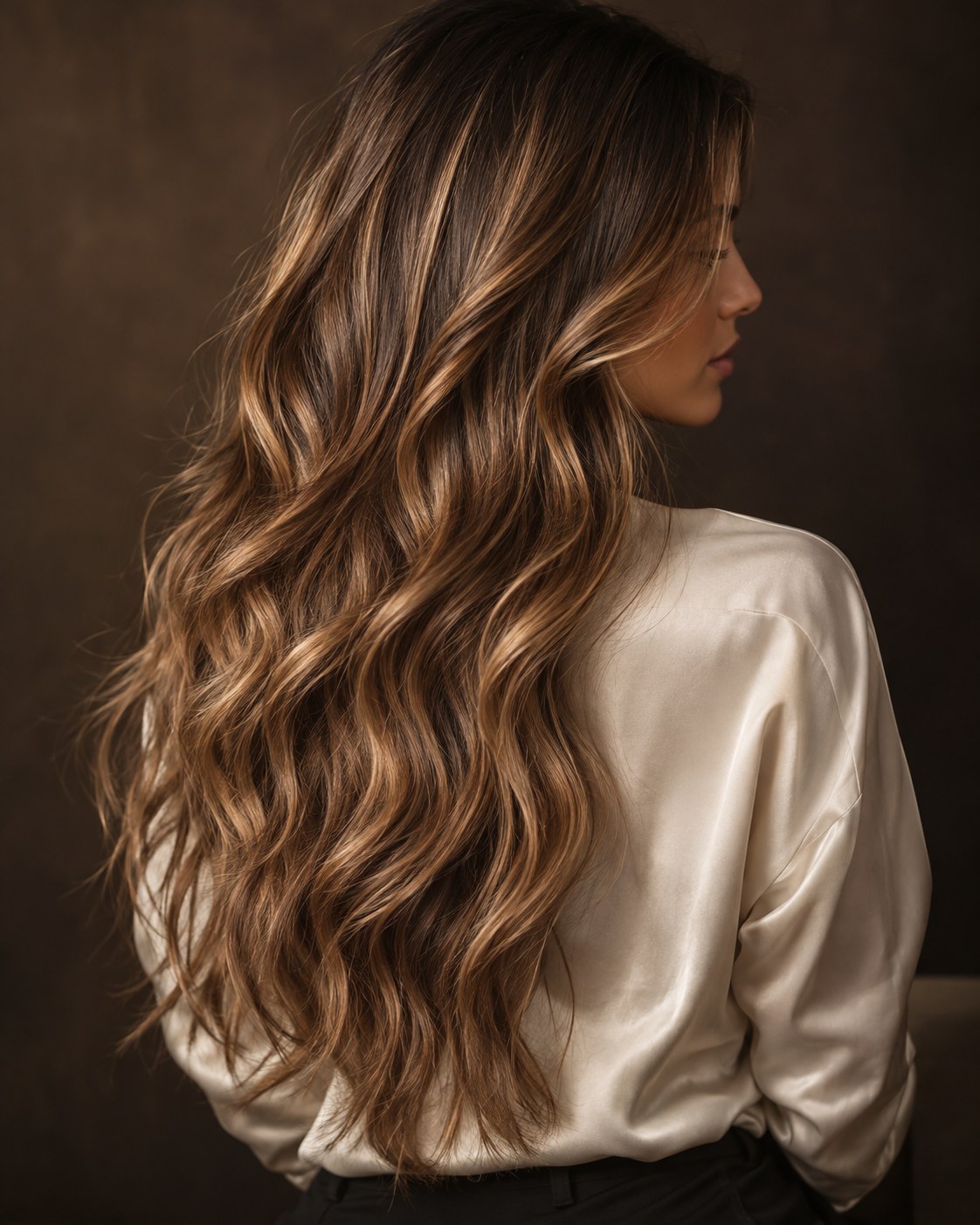 Imagem conceptual de cabelo longo com ondas e reflexos caramelo